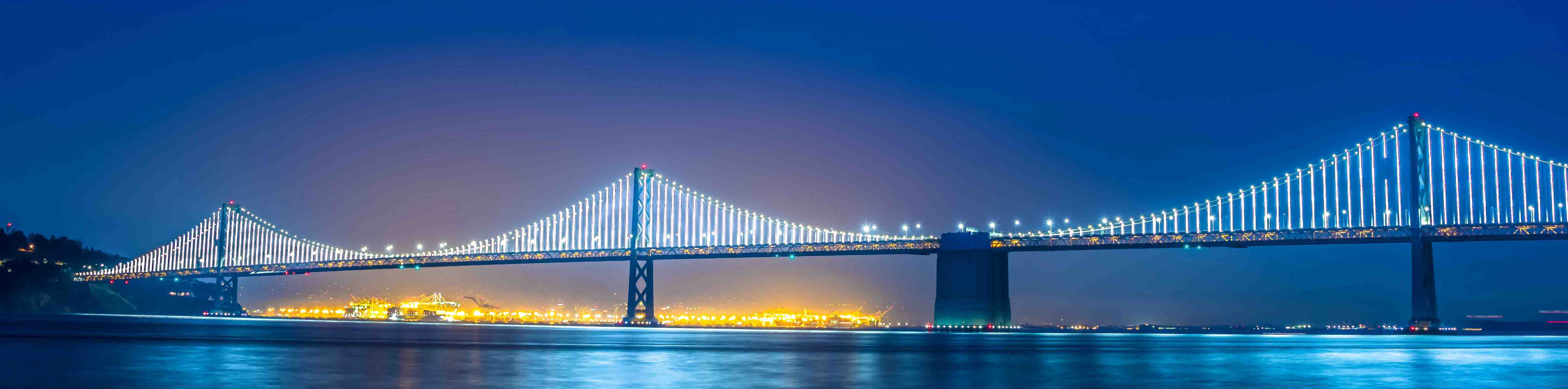 Bay Bridge at night — the LED light art installation illuminating the entire western span